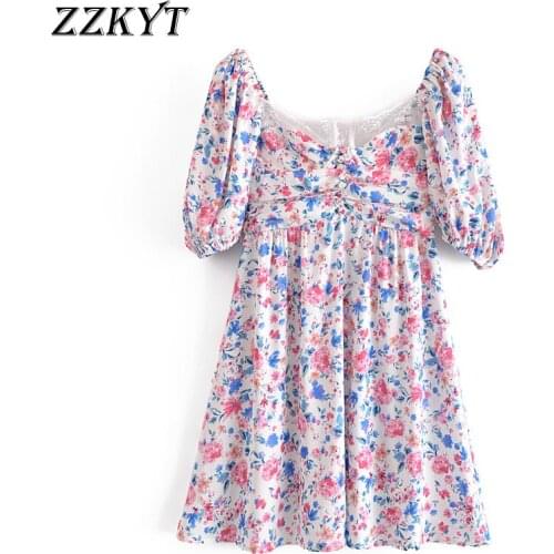 ZZKYT 2021 Women Summer Vintage Floral Print Mini Dress Fashion Square Collar Short Sleeve Pleated Party Female Dresses Vestidos