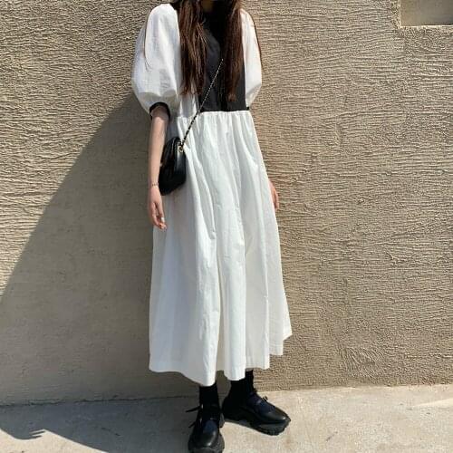 Women Summer Cotton Vintage Patchwork Long A-line Dress High Waist Puff Sleeve Pleat Midi Sundress Ins Style
