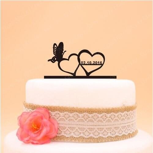 1pcs Personalized Wedding Cake Topper,Double Heart Butterfly Design Cake Stand,Custom Surname Wedding Cake Topper for Couple