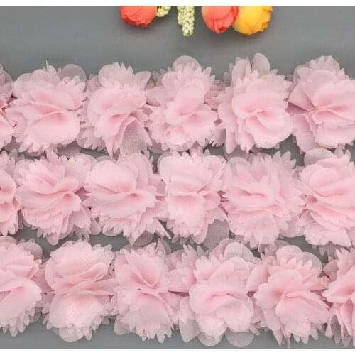 1 Yard Pink Chiffon 3D Flowers Lace Trim Handmade Trimmings Bride Wedding Dress Child Clothes Applique Sewing Crafts Decorations