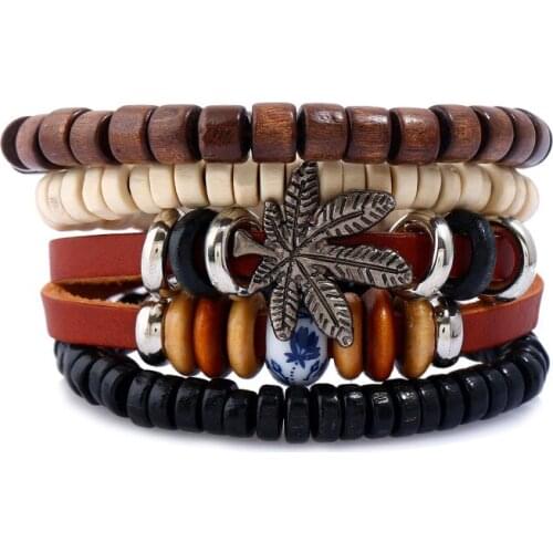 4PCS/Set Vintage Boho Punk Dark Brown Leather Maple Leaf Charm Beige Wood Beads Multilayers Bracelets Bangles Unisex Jewelry