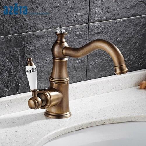 Azeta Free Shipping Bathroom Crystal Basin Faucet Antique Brass Basin Mixer Tap Ceramic Single Handle Wash Basin Faucet AT2406A