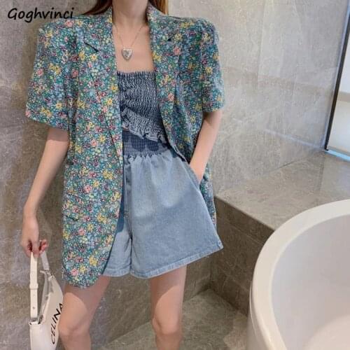 Blazers Women Fashion Outwear Summer Korean Style Loose Casual All-match Short Sleeve Vintage Floral Office Lady Streetwear Chic