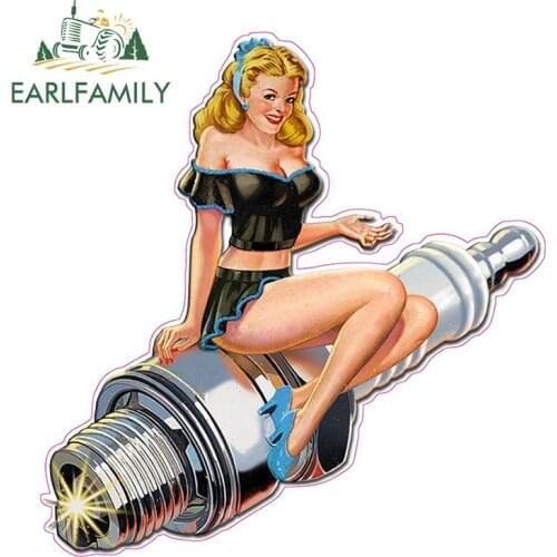EARLFAMILY 13cm x 13cm SPARK PLUG PIN UP Decal Sexy Cartoon Graphical Funny Car Stickers Motorcycle Car Decal Accessories