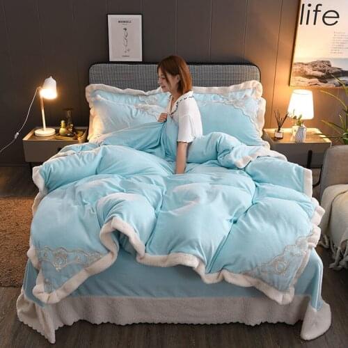 Flannel Fleece Farbic With Berber Fleece Lace Warm Thicken 4pc Bedding Set Includes Duvet Cover Flat Sheet Pillowcases 2020