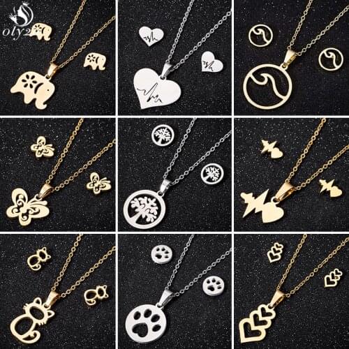 Stainless Steel Cat Necklace Jewelry Set Korean Kitten Jewelry Cute Paw Heart Wave Butterfly Stud Earrings Women Choker Collares