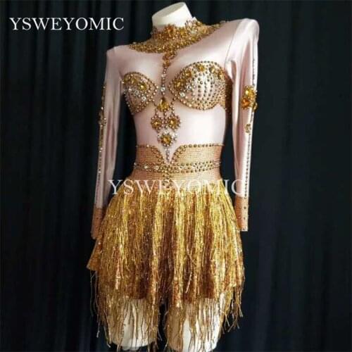 Classic Noble Style Rhinestones Gold Color Long Sleeve Dance P Costume with Tassel Women Dance Show Sexy Clothes