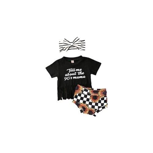 2020 0-24M Newborn Infant Baby Girls Boys Clothes Sets Black Letter Print Short Sleeve Tassel T Shirts Tops Sunflower Shorts