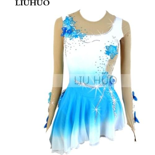 Figure Skating Dress Womens Girls' Ice Skating Dress Blue color gradient Hand stitched flowers Long sleeve Fashion