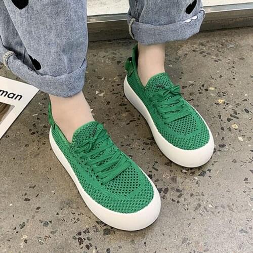 Summer Breathable Mesh Thick Bottom Women Casual Green Round Toe Lace Up Platform Sneakers Woman Hollow Out Comfy Flats Size 40