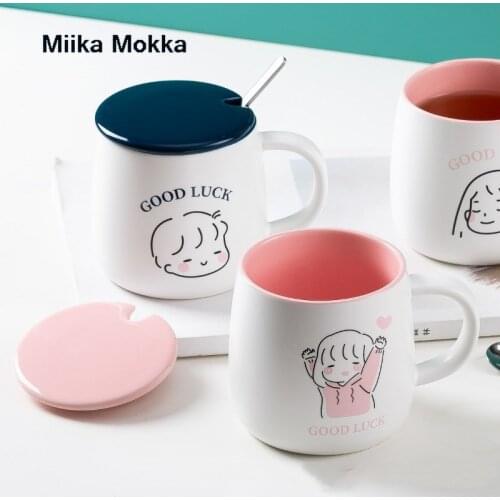 Cartoon Cute Coffee Mug with Lid Spoon Creative Simple Couple Cups Boy and Girl Ceramic Coffee Cup Home Milk Cup Water Cup