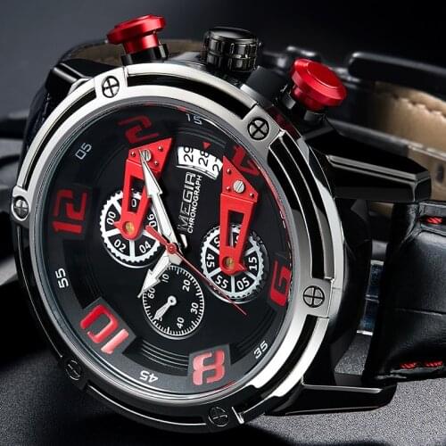 MEGIR Creative Big Dial Military Sport Men Watches Waterproof Genuine Leather Quartz Wrist Watch Clock For Men Relogio Masculino