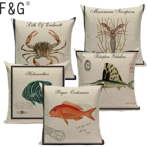 Marine Creature Cushion Cover Ocean Style Linen cotton Throw Pillows Fish shrimp Square Home Sofa Car Decorative Pillowcase