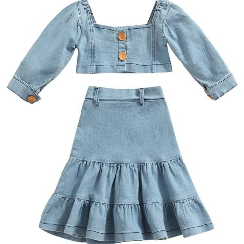 New Toddler Girls 2pcs Clothes Sets 1-6Y Solid Denim Off Shoulder Long Puff Sleeve T Shirts+Ruffles A-Line Skirt Set