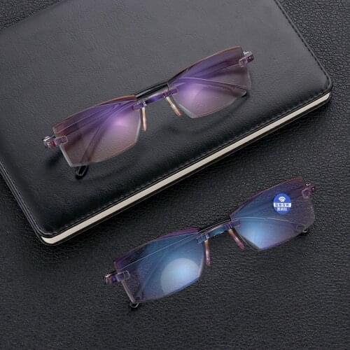 1 pair Ultralight Rimless Diamond-cut Reading Glasses Blue Light Blocking Eyewear Progressive Multifocal Eyeglasses Unisex