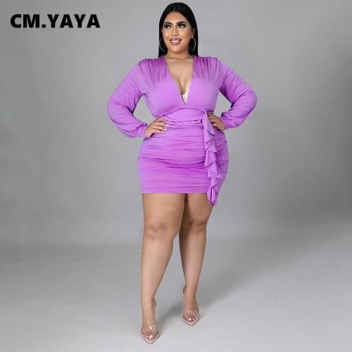 CM.YAYA Women Plus Size Dress Stacked Stretchy Dresses Sexy Cleavage Skinny Vestidos Female Fashion Dresses Autumn Outfits 2021