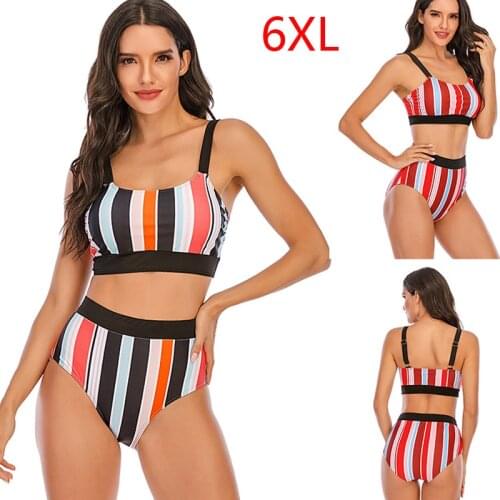 Plus Size 6XL Womens Padded Push-up Bra Tankini Bikini Set 2020 Swimsuit Colorful Strip Bathing Suit Swimwear Two Pieces