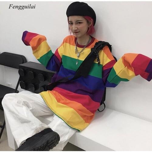 Plus Size Causal Cotton t Shirt Women Striped T-Shirt Rainbow Shirt Female Harajuku Loose Top Shirts Punk Style Top