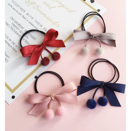 Women Simple Solid Bow Fuax Fur Ball Two Layers Elastic Hair Bands Cute Ponytail Holder Hair Ropes Rubber Bands Hair Accessories