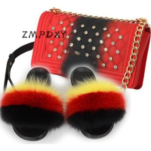 Ladies Winter Fluffy Rainbow Slides Rhinestone Bling Jelly Chain Bag Shoes Sets Shoulder Bag Womens Fox Fur Slippers Handbag