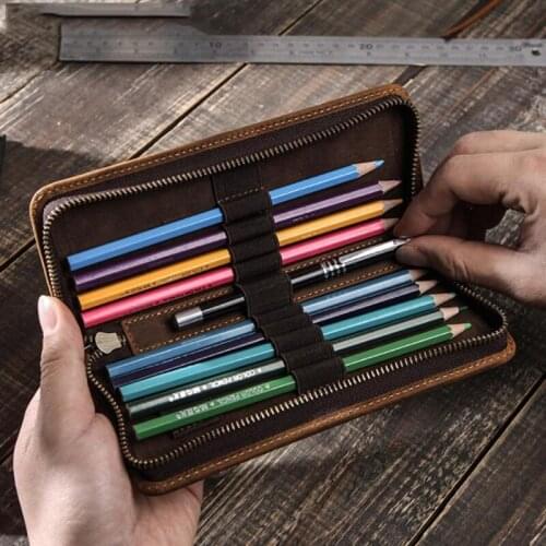 Original Handmade Big Capacity Crazy Horse Cowhide Leather Pencil Bag Storage Cosmetic Bag Case for Bussiness &School as Gift