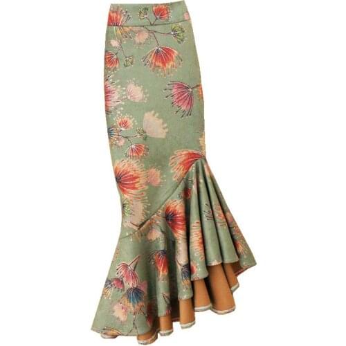 Free Shipping 2020 Long Mid-calf Skirt Women Plus Size S-4XL Mermaid Style Stretch Ladies High Waist Suede Skirt Flower Skirt