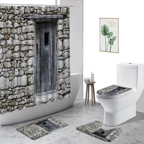 3D Retro Stone wall Wooden Door Shower Curtain Nostalgic Alley Scenery Home Decoration Curtains Set Non-Slip Carpet Bath Screen