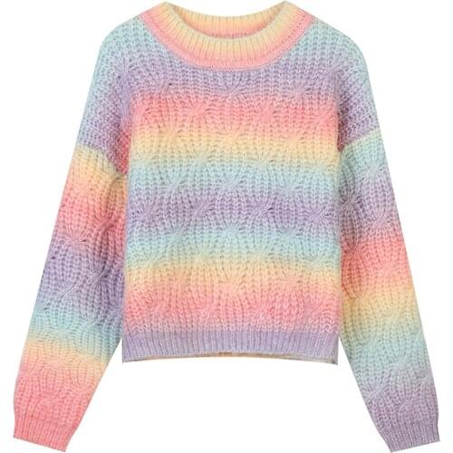 Autumn And Winter 2021 New Womens Round Neck Long Sleeve Short Contrast Rainbow Gradient Loose Temperament Knitted Pullover