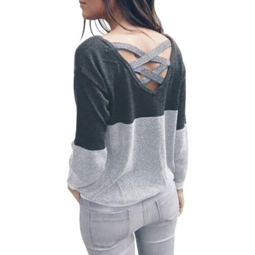 Women Patchwork Hollow Out Knitted Sweater Pullover Backless Long Sleeve Two Side Wear Autumn Winter Plus Size