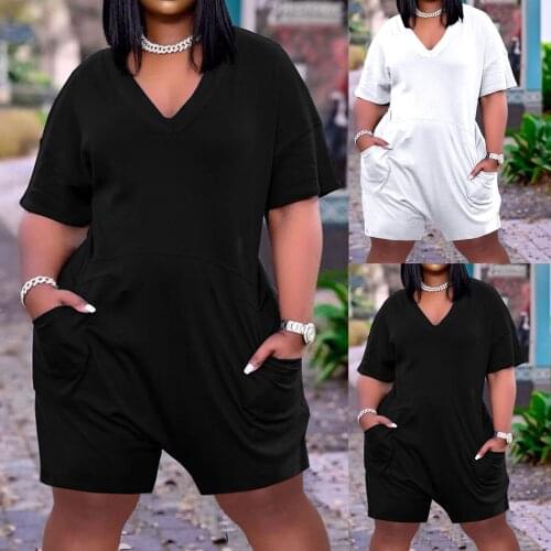 2021 Casual Sport Short Rompers Women Fashion Loose V-neck Pocket Casual Solid Color Short Jumpsuit Female Plus size jumpsuit