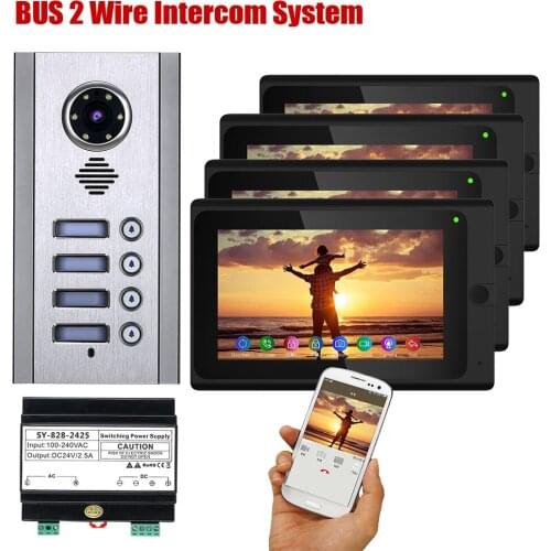 Wireless Wifi Video Intercom 4 Monitors 7" Color Screen Handsfree Door Phone IOS Android APP View Unlock Night Vision Doorbell