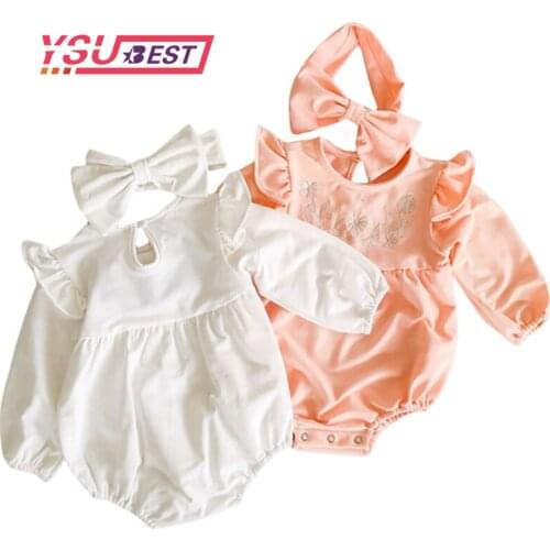 Baby Girls Bodysuits Autumn Princess Baby Clothes Embroidery Floral Printed Collar Infant Cotton Girls Jumpsuit With Headband