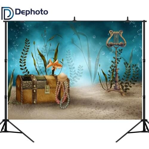 DePhoto Photography Background Fairy Tale Treasure Chest Seabed Pearl Shell Bubble Baby Birthday Party Cartoon Photo Backdrop