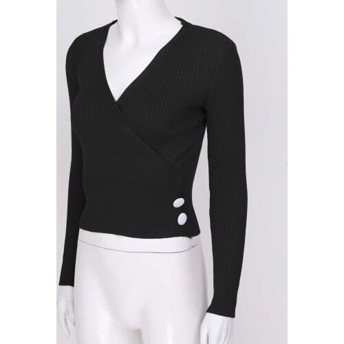 Women Cross V Neck Button Sweater Pullovers Solid Pink Black Short Shirts Ladies Slim Fit Ribbed Knitted Crop Tops Elegant 2021