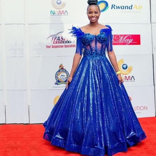 Royal Blue Sequin Prom Dresses Off the Shoulder Tassel Feathers Sleeve Celebrity Gown See Through Top Special Occasion Wear