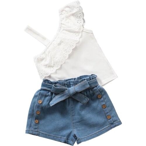 2021 Summer Fashion Princess Baby Girls Clothes Shorts Set Single Shoulder Sleeveless White Shirt Lace Denim Buttoned Jeans
