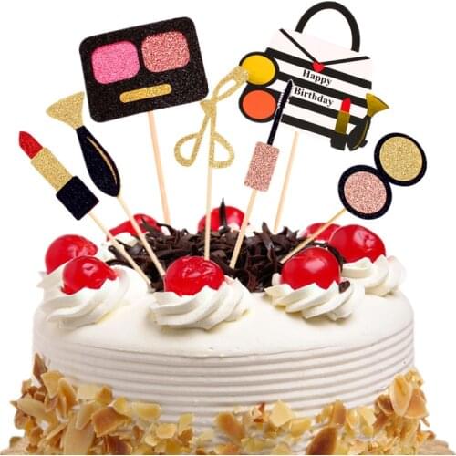 Makeup Cake Toppers Eyeshadow Cosmetic Bag Lipstick Cupcake Topper Women Cake Flags Kids Girl Birthday Bride Party Baking DIY