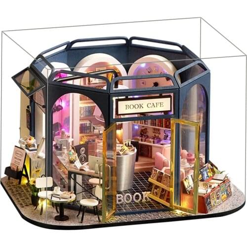 Miniature Dollhouse with Furniture Plus Dustproof Case Wood Crafts Modern Book & Coffee House 3D Puzzles Doll House Gift