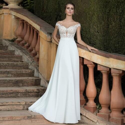 Cheap Vestido De Noiva Wedding Dress Cap Sleeve Scoop Applique Illusion Chiffon Boho Wedding Dresses Plus Size