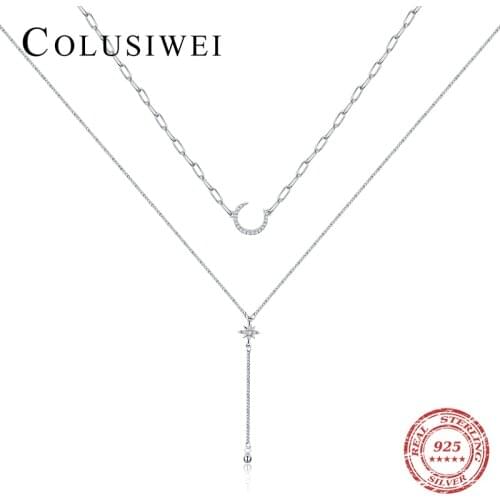 Colusiwei 925 Sterling Silver Star and Moon Pendant Necklace Charm Zircon Long Necklace Chain Engagement Gift Fashion Jewelry
