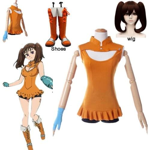New Diane Cosplay Costume Hot Game The Seven Deadly Sins Yellow Lovely Dress Synthetic Wig Hair For Woman Girls Party Wig Shoes