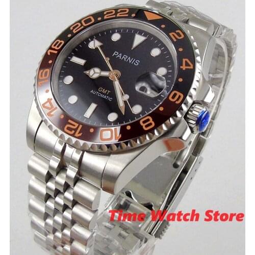 Parnis 40mm GMT 3804 automatic wrist watch men waterproof jubiless bracelet sapphire glass black dial luminous ceramic bezel