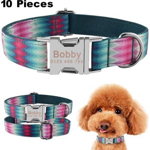 AiruiDog Personalized Dog Collar Floral Custom Engraved Name Metal Buckle Pet Puppy Tag Fancy Dog Collar 10 Pieces
