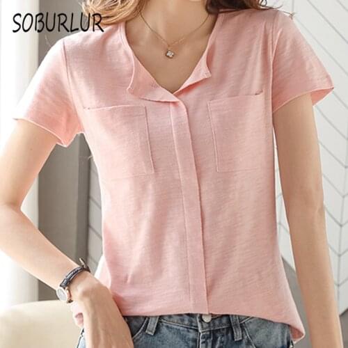 SOBURLUR Womens T-Shirts Short Sleeve T-shirt Solid Color Korean Blousas Tees Crop Top Woman clothes Casual Basic V-neck Tops