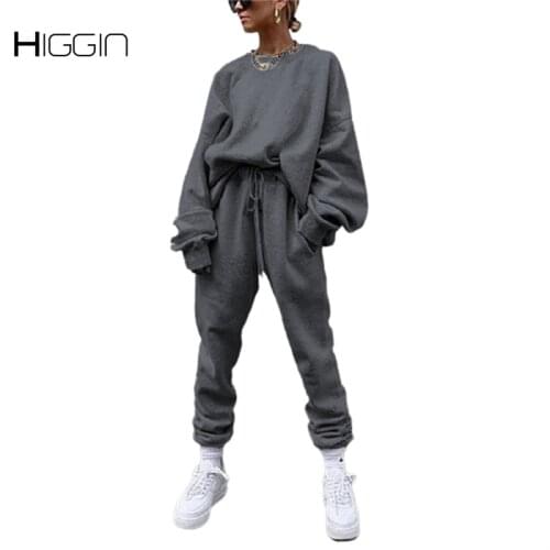 Loose Casual Two Piece Set For Women Solid Fashion Plus Size Pantsuit Autumn Winter Warm Sweasuit 2 Piece Suit Female Streetwear