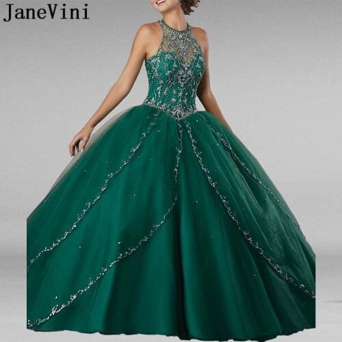 JaneVini Vintage Dark Navy Long Quinceanera Dresses Ball Gown Halter Luxury Crystal Beaded Tulle Sweep Train Princess Prom Gowns