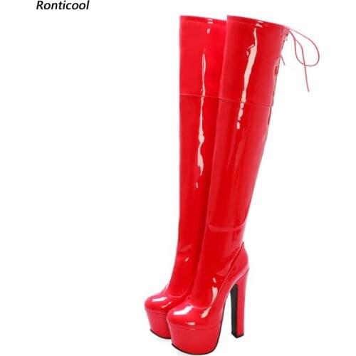 Ronticool New Women Winter Over The Knee Boots Square High Heel Round Toe Gorgeous Black Red Night Club Shoes Women Us Size 5-14