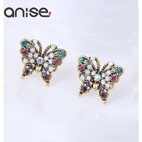 Anise Cute Butterfly Crystal Stud Earrings Multicolour Rhinestone Animal Earrings For Woman Fashion Oorbellen Jewelry
