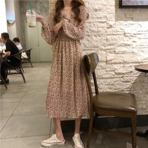 Bella Phosophy 2020 Spring Women Printed Dress Lady V-neck Lantern Sleeves Mid Calf Mujer Vestidos Female Chic A-line Long Dress