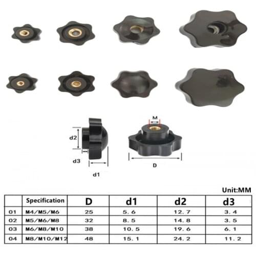 1/5pcs M4 M5 M6 M8 M10 M12 Plum Hand Tighten Nuts Handle Thread Star Mechanical Black Thumb Nuts Clamping Knob Manual Nuts